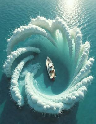 The primary subject of the image is a boat floating in a body of water, surrounded by a whimsical and surreal environment. The boat is positioned in the center of the scene, and the water appears to be a mix of blue and white. The setting includes a large, swirling mass of bubbles, which creates a unique and captivating visual effect. The overall atmosphere of the image is playful and imaginative, with the boat seemingly caught in the middle of this whimsical bubble-filled